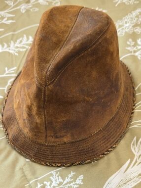 Vintage Mid-Century Brown Suede Fedora / Trilby Hat with Plaid Tweed Brim Med-lg